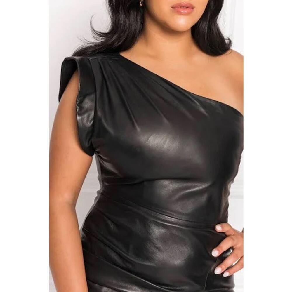 NEW LAMARQUE Corey Draped Lamb Leather One Shoulder Mini Dress Black Sz Large - Picture 4 of 13